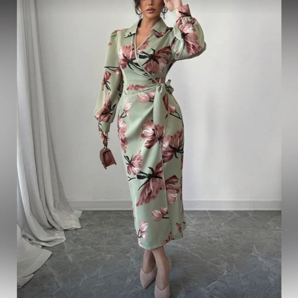 Floral Wrap Dress in Green and Pink